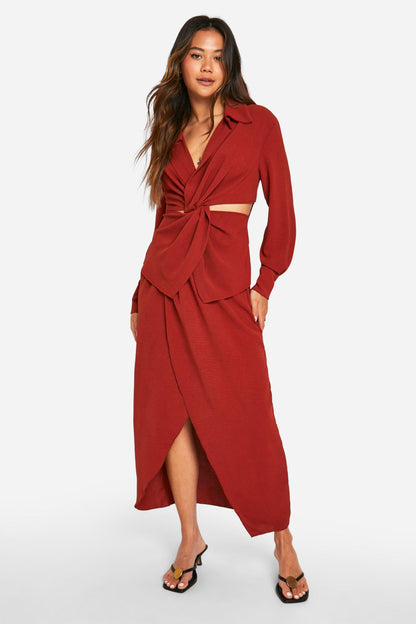 Hammered Waist Detail Wrap Front Midaxi Skirt