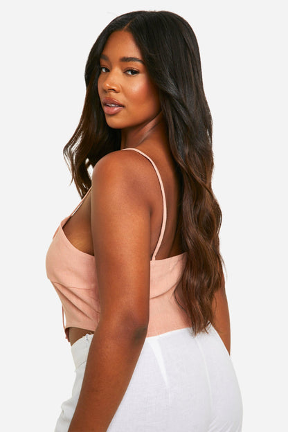 Plus Linen Look Lace Up Corset Top