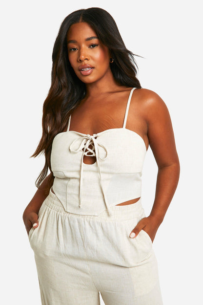 Plus Linen Look Lace Up Corset Top