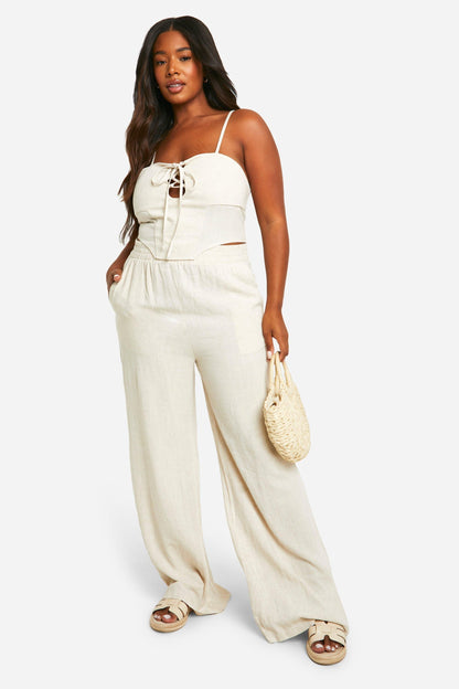 Plus Linen Look Lace Up Corset Top