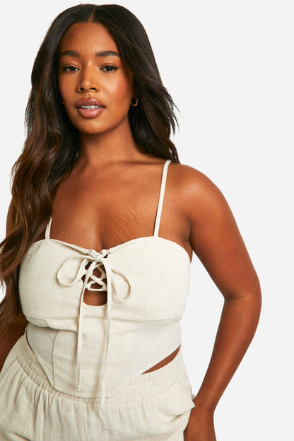 Plus Linen Look Lace Up Corset Top