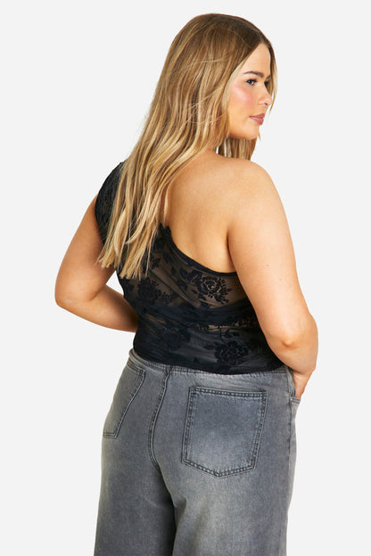 Plus Flocked Floral One Shoulder Top