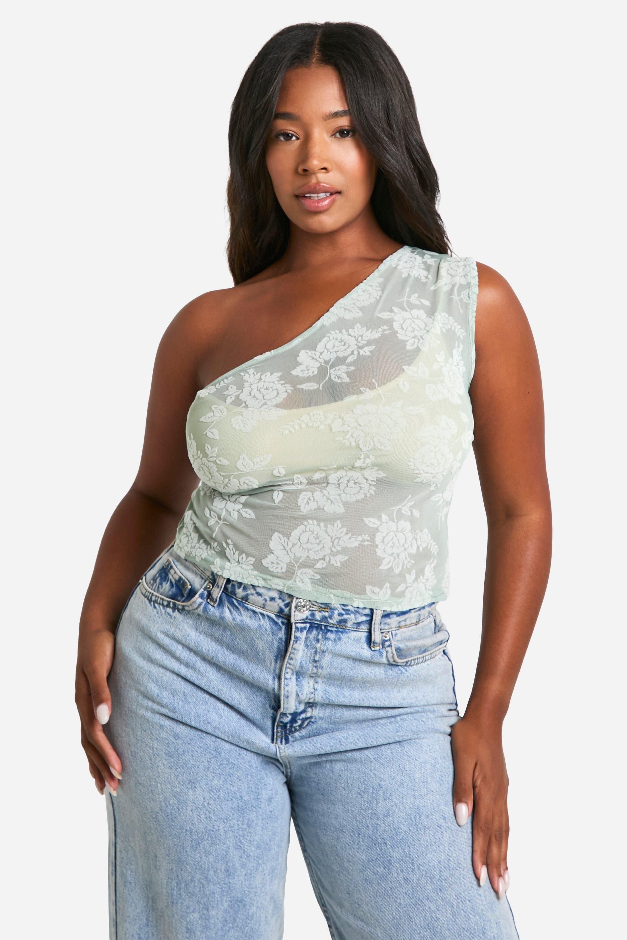 Plus Flocked Floral One Shoulder Top