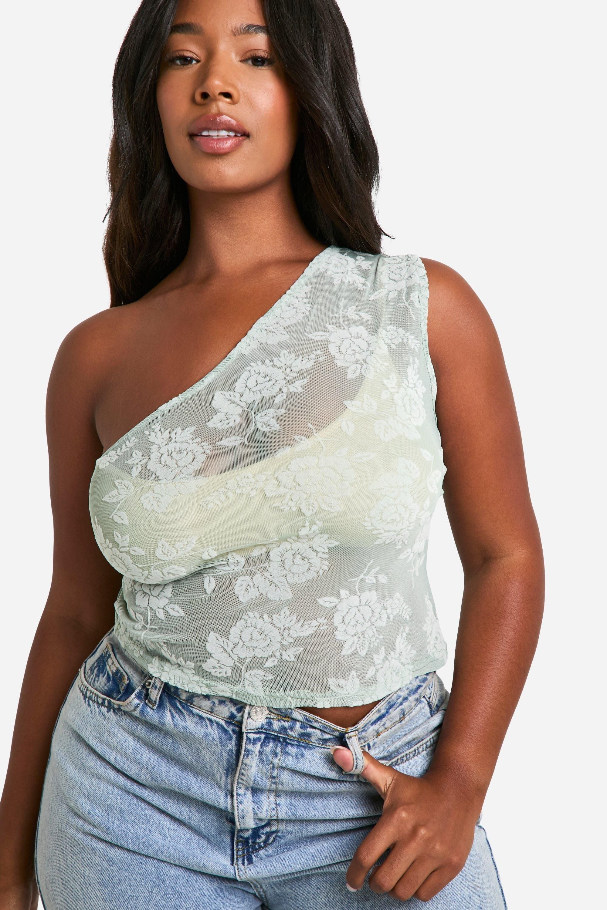 Plus Flocked Floral One Shoulder Top