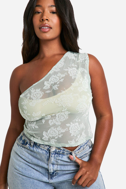 Plus Flocked Floral One Shoulder Top