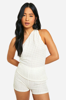 Petite Textured Twist Shoulder Asymmetric Top