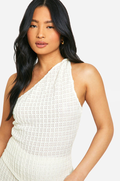 Petite Textured Twist Shoulder Asymmetric Top