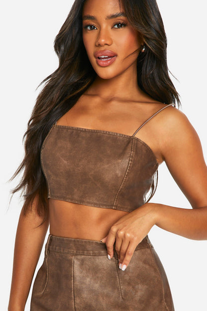 Washed Faux Leather Strappy Crop Top