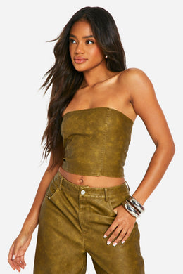 Washed Faux Leather Cropped Corset
