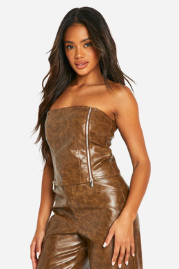 Washed Faux Leather Zip Detail Corset