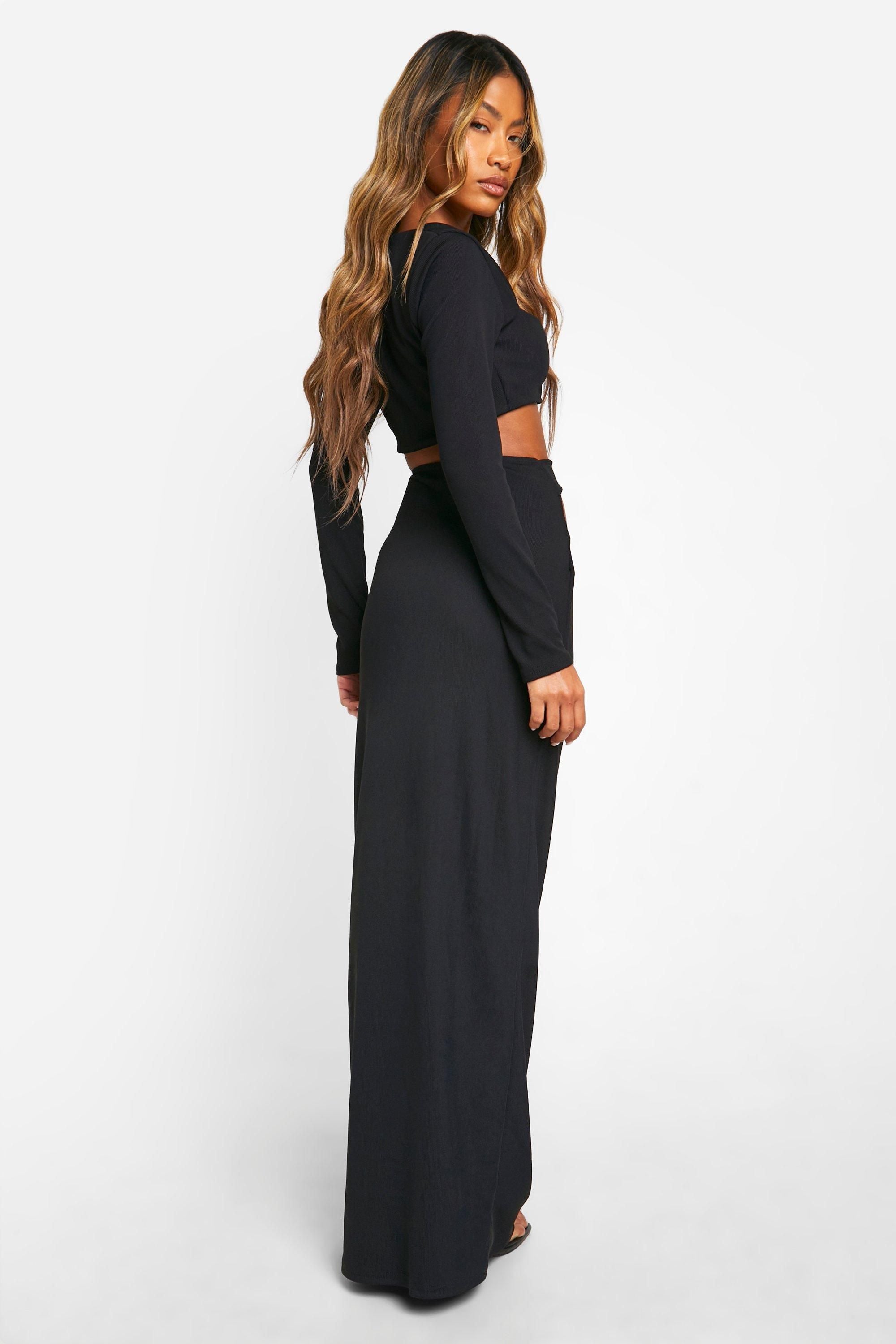 Rib Cut Out Waist Column Maxi Skirt