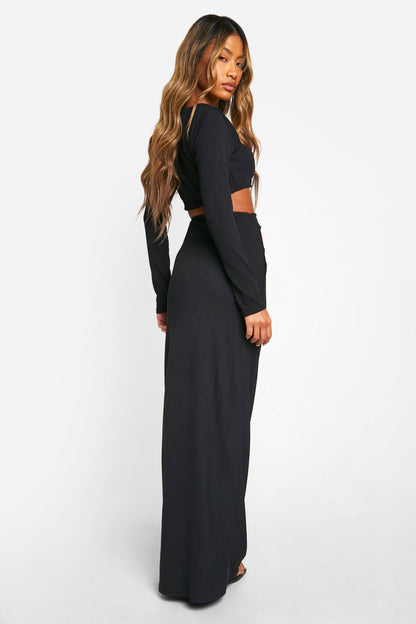 Rib Cut Out Waist Column Maxi Skirt