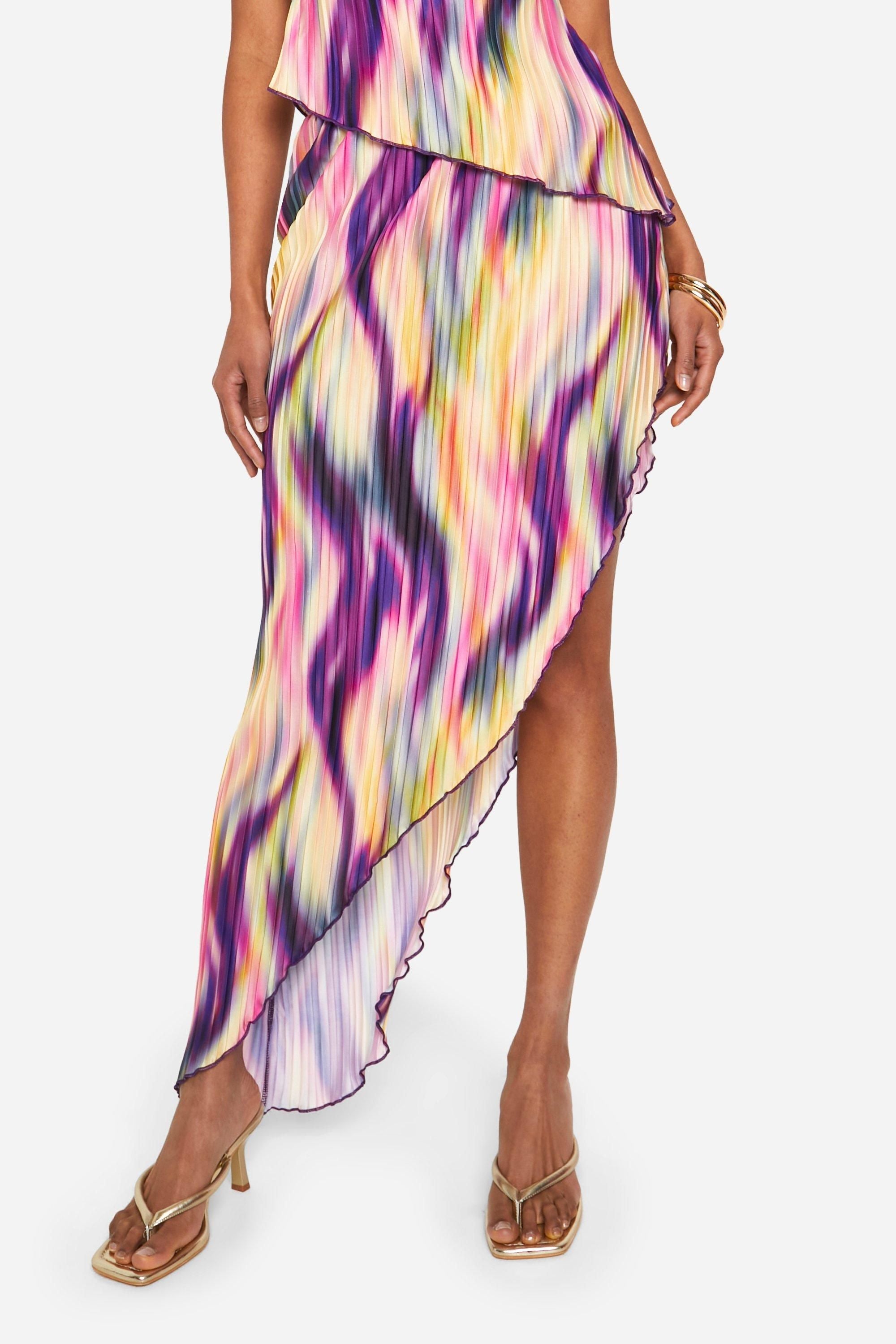 Tie Dye Plisse Asymmetric Maxi Skirt