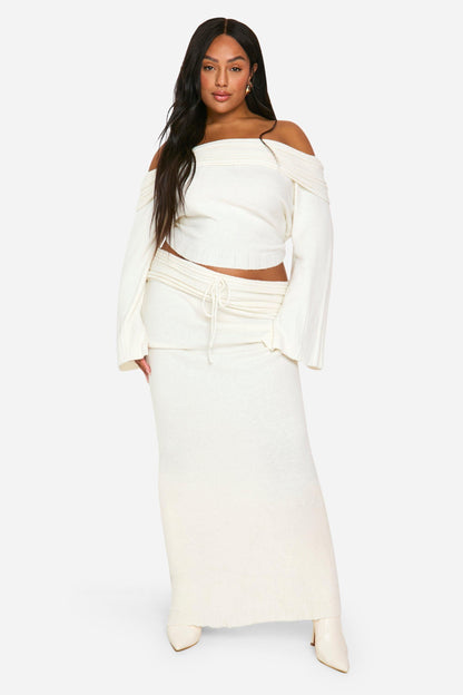 Plus Rib Edge Lace Up Knitted Maxi Skirt