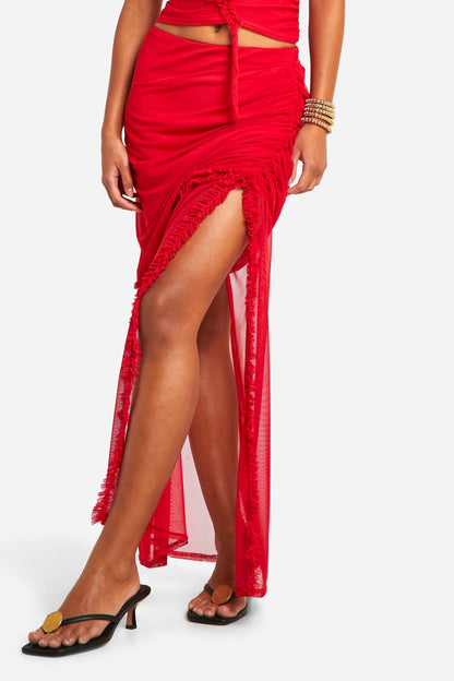 Ruffle Ruched Mesh Maxi Skirt