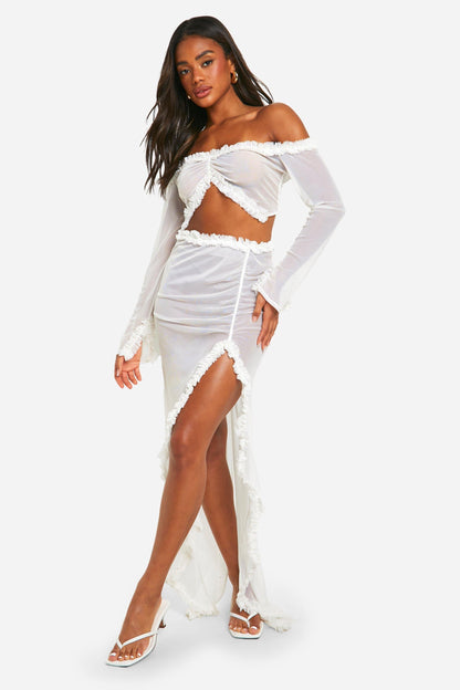 Ruffle Mesh Maxi Skirt