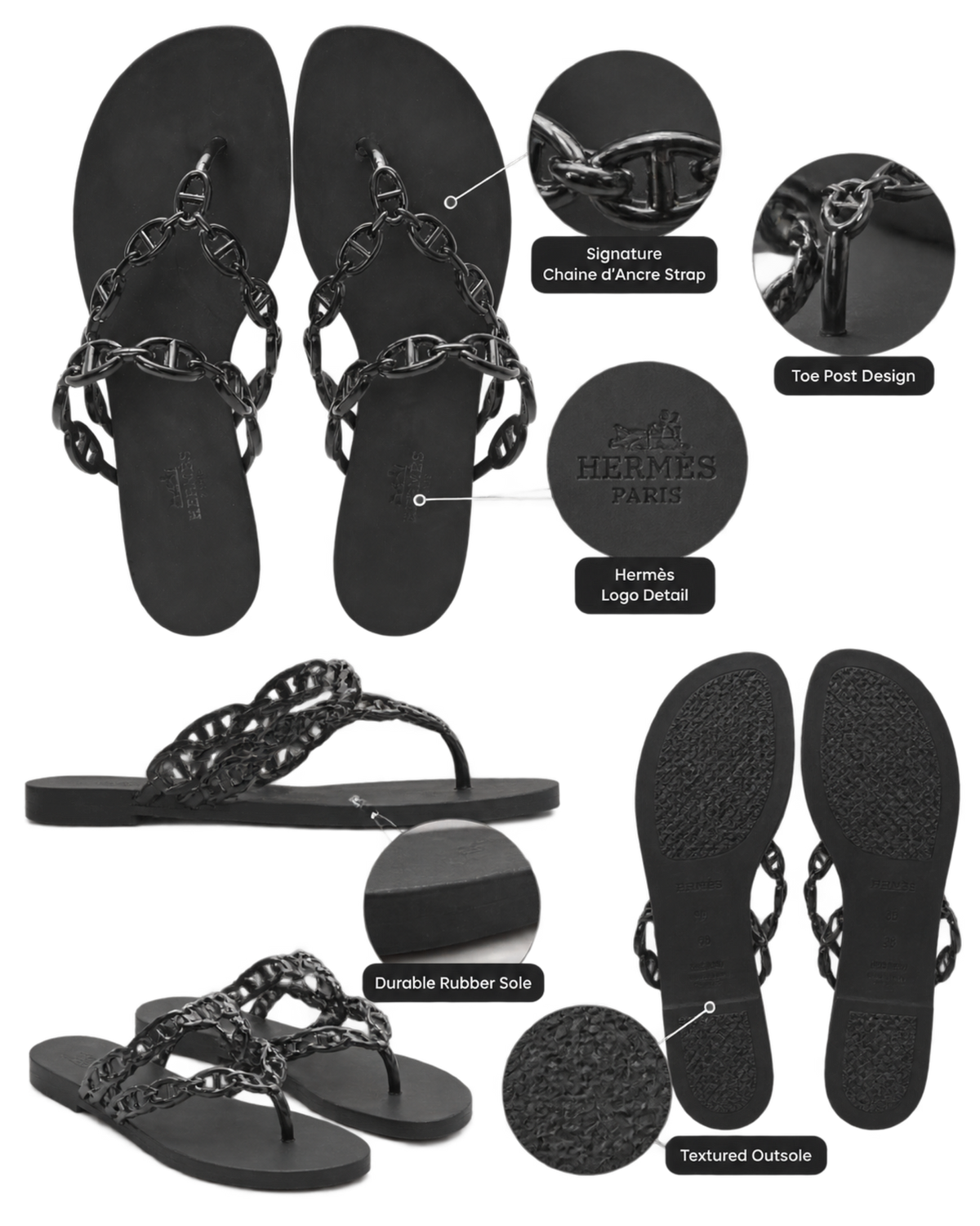 Hermes Rubber Womens Island Sandals 39 Black