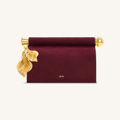 Holly Faux Suede Metal Pendant Embellished Clutch - Reddish Brown