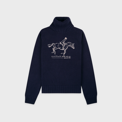 Horse Knitted Turtleneck - Navy/Ecru