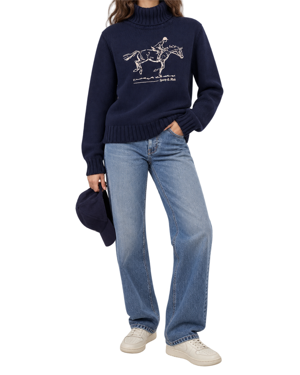 Horse Knitted Turtleneck - Navy/Ecru
