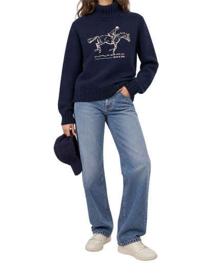 Horse Knitted Turtleneck - Navy/Ecru