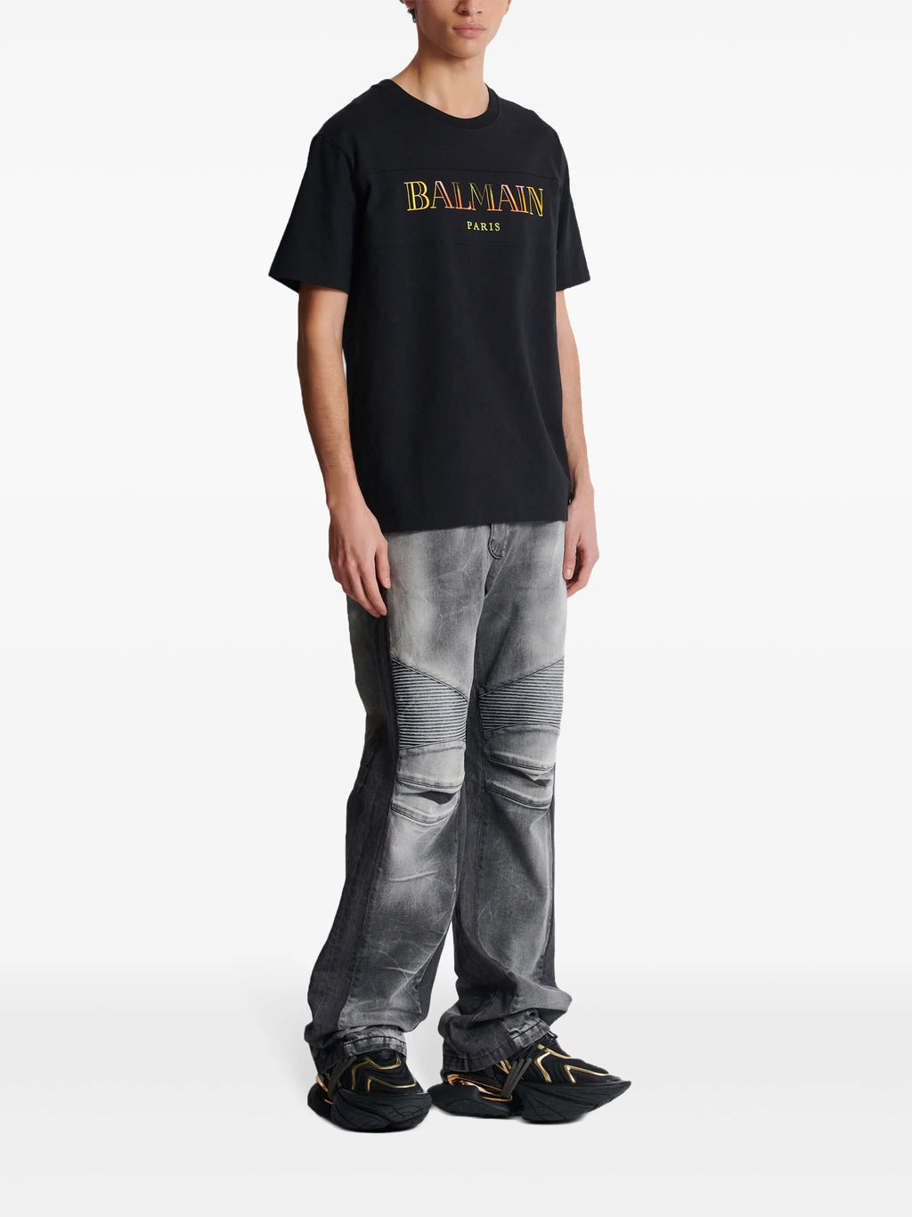 Balmain Paris Multi-Coloured Embroidered Logo Oversized T-Shirt in Black