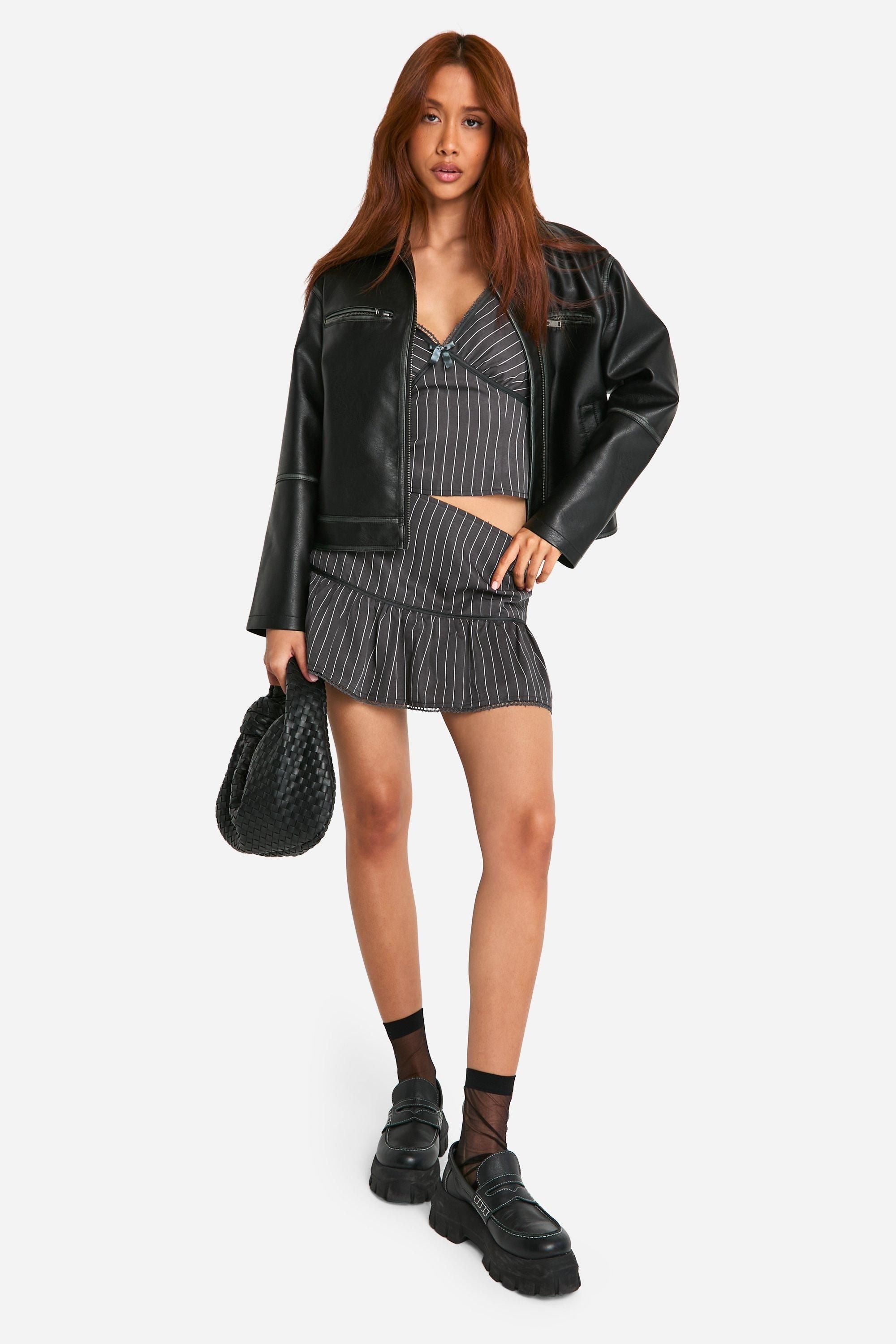 Pinstripe Frill Hem Mini Skirt