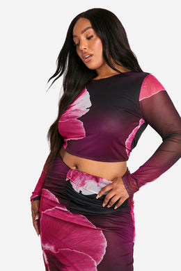 Plus Large Floral Mesh Low Back Tie Back Top