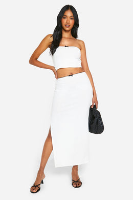 Ribbed Contrast Bow Detail Midaxi Skirt