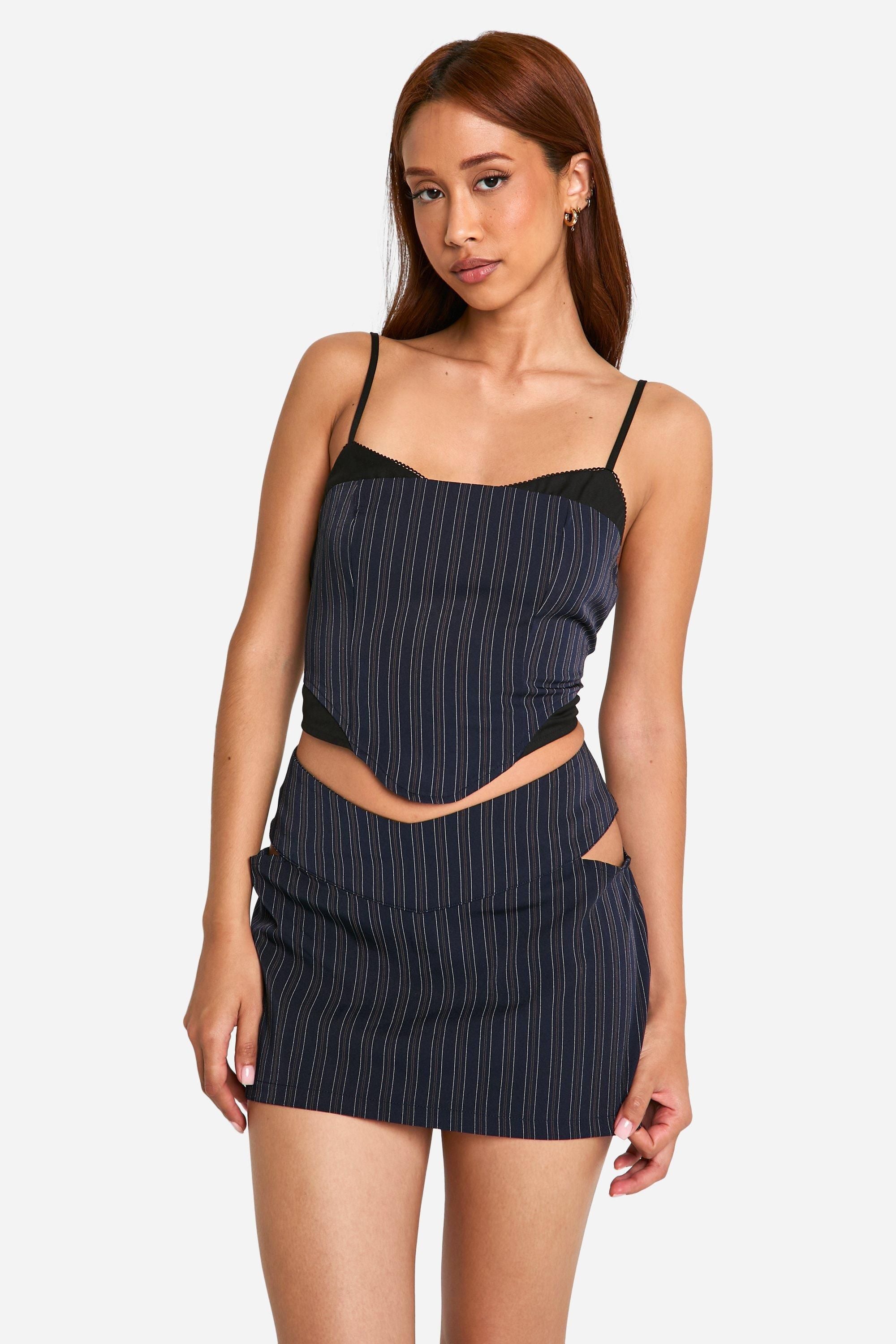 Pinstripe Cut Out Side Straight Mini Skirt