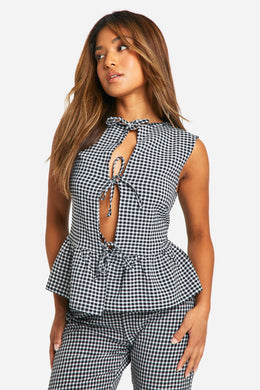 Petite Seersucker Gingham Tie Front Peplum Top