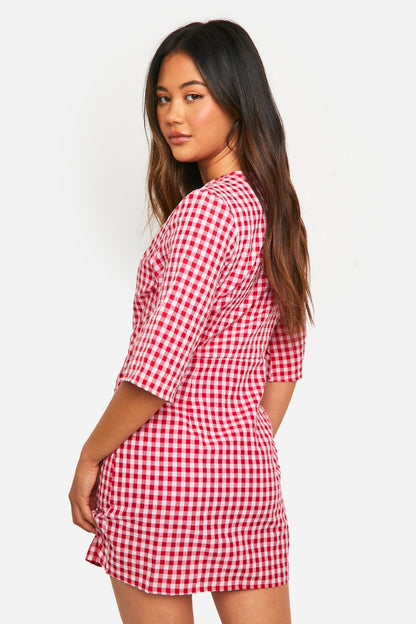 Textured Gingham Wrap Dress