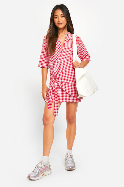 Textured Gingham Wrap Dress