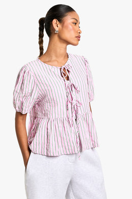 Pink And Green Stripe Tie Front Puff Sleeve Smock Top