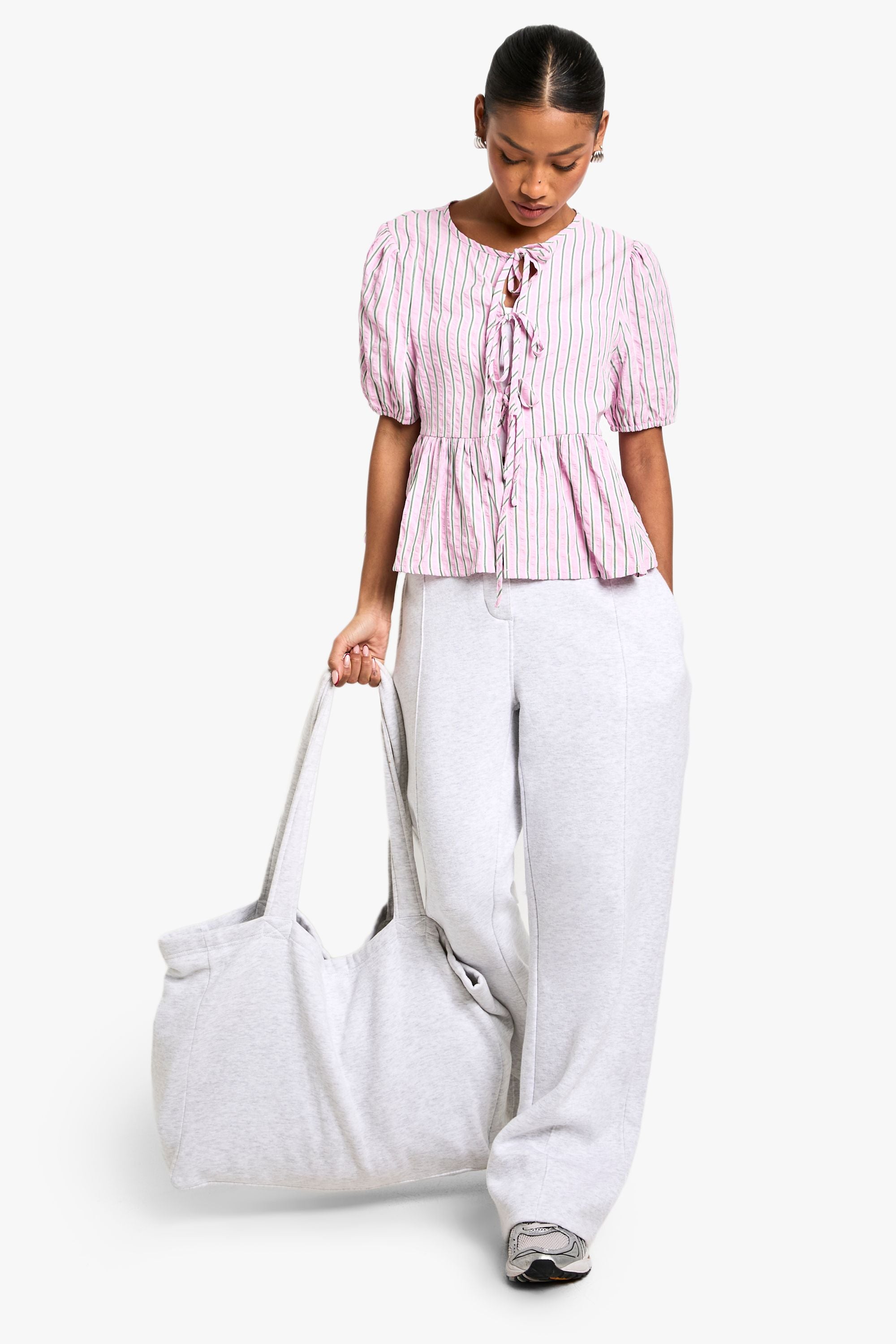 Pink And Green Stripe Tie Front Puff Sleeve Smock Top