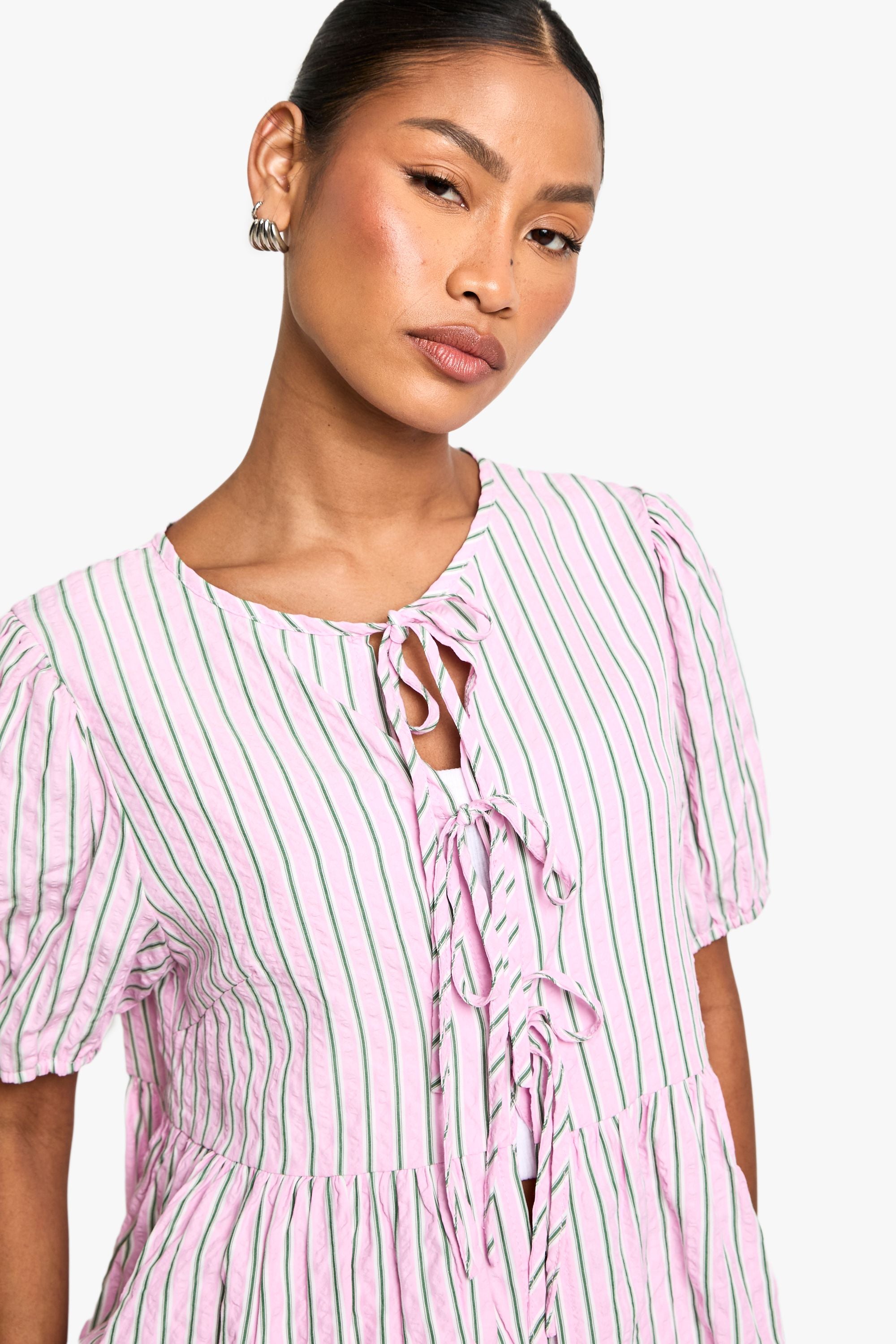 Pink And Green Stripe Tie Front Puff Sleeve Smock Top