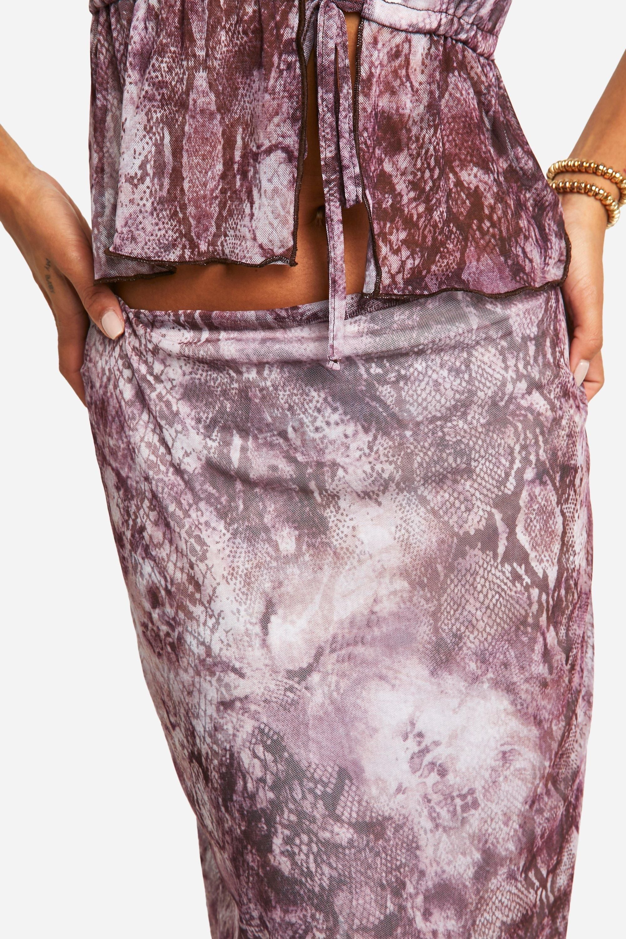 Snake Print Mesh Low Rise Midaxi Skirt