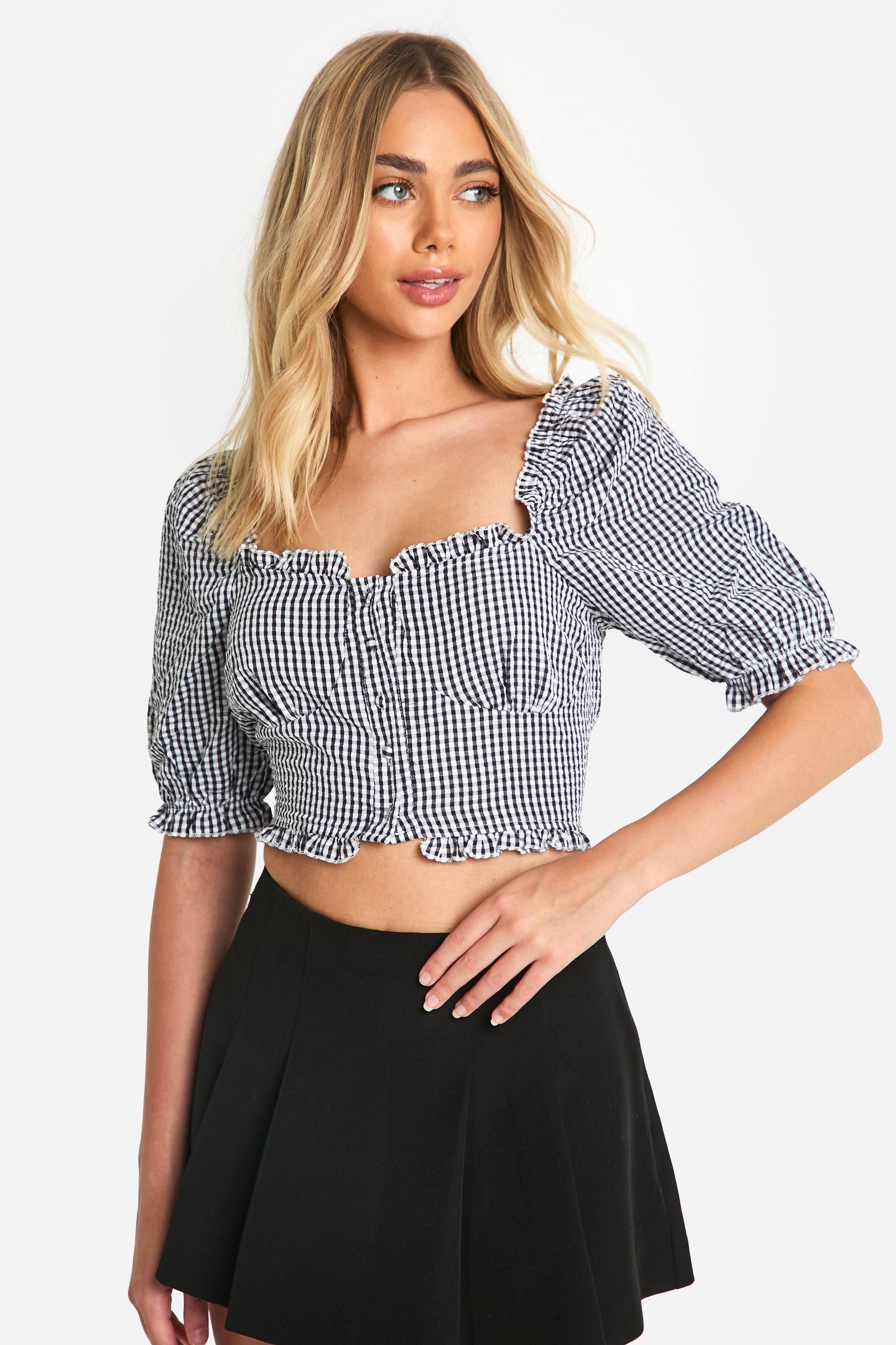 Gingham Frill Hem Puff Sleeve Crop Top