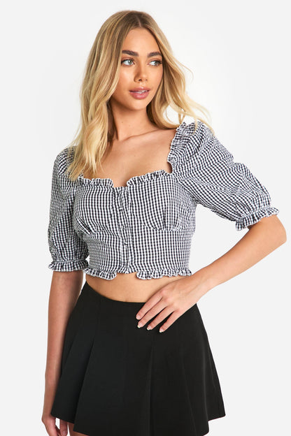Gingham Frill Hem Puff Sleeve Crop Top