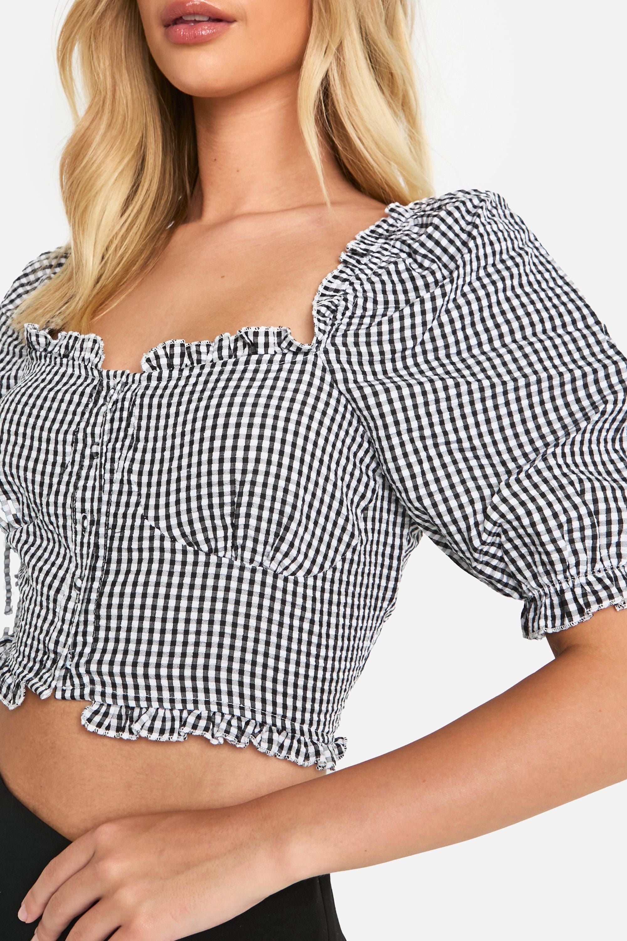 Gingham Frill Hem Puff Sleeve Crop Top