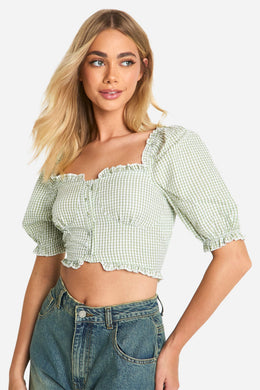 Gingham Frill Hem Puff Sleeve Crop Top