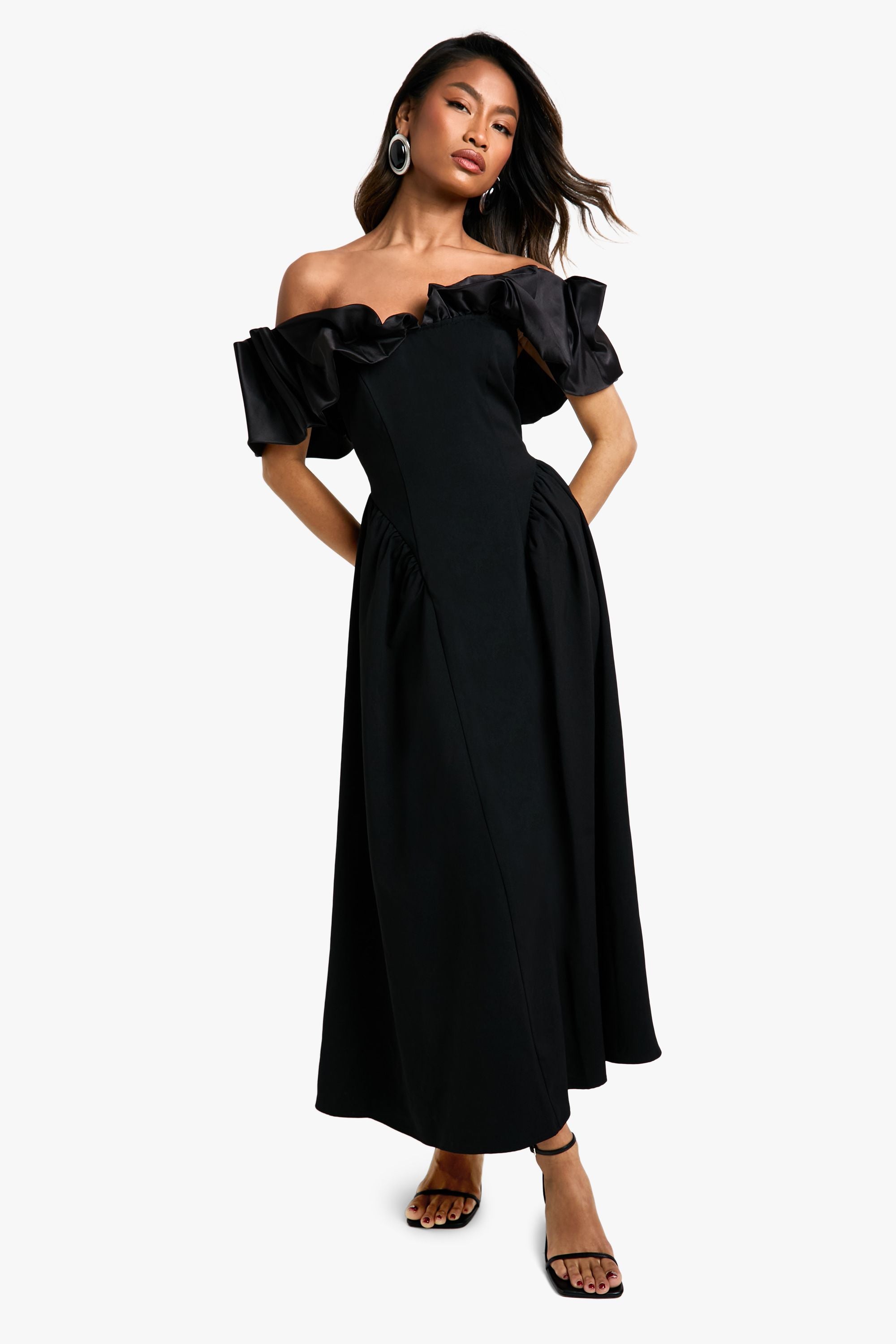 Extreme Taffeta Ruffle Bardot Structured Midaxi Skater Dress