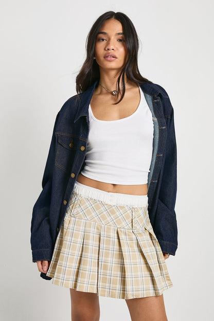 Tonal Check Pleated Micro Mini Skirt