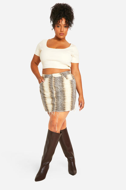 Plus Mock Croc Denim Mini Skirt