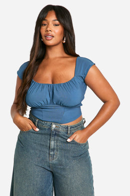 Plus Woven Stretch Ruched Cap Sleeve Corset Top