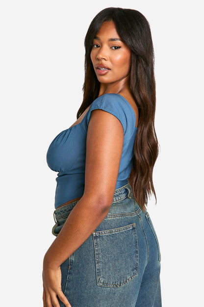 Plus Woven Stretch Ruched Cap Sleeve Corset Top