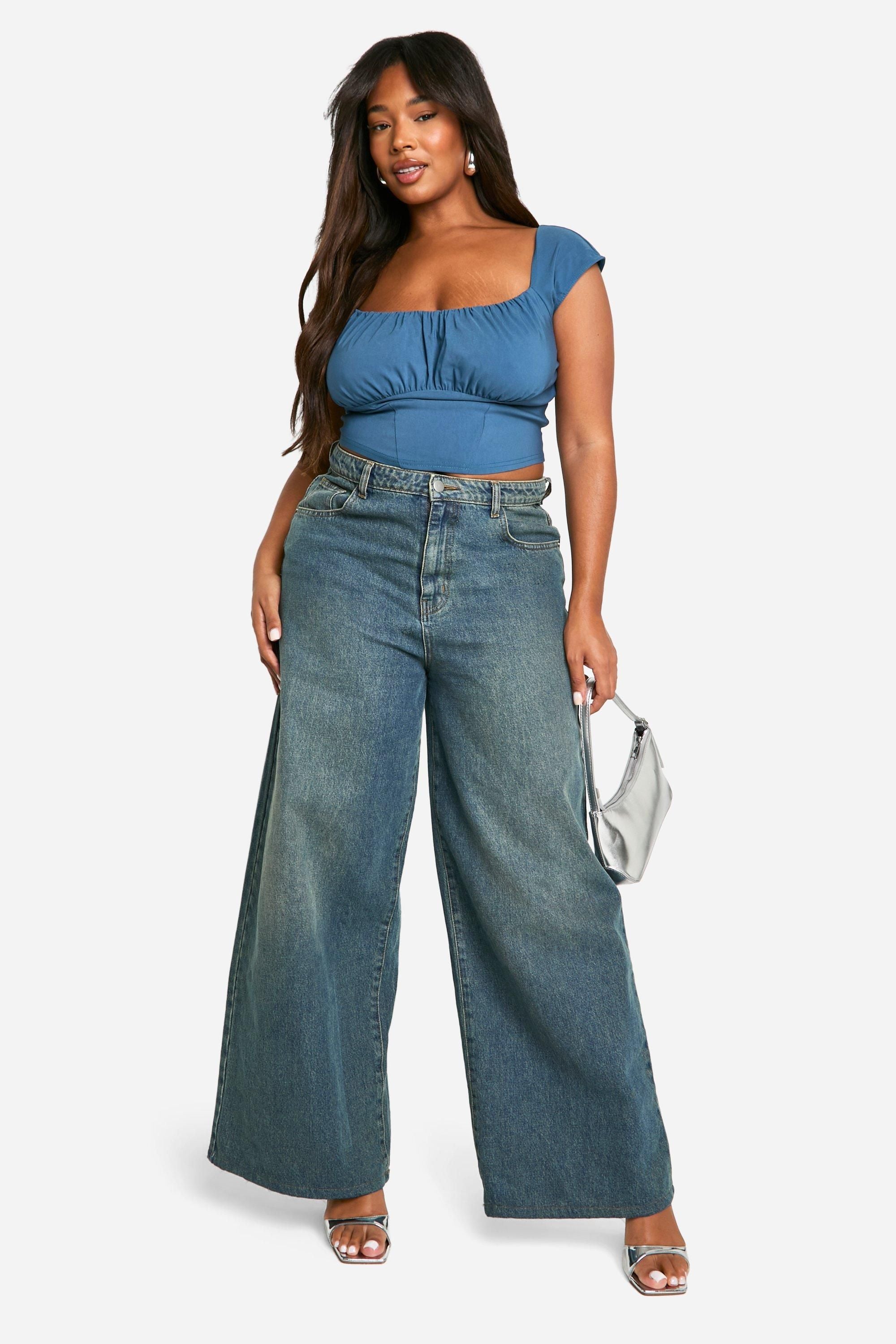 Plus Woven Stretch Ruched Cap Sleeve Corset Top
