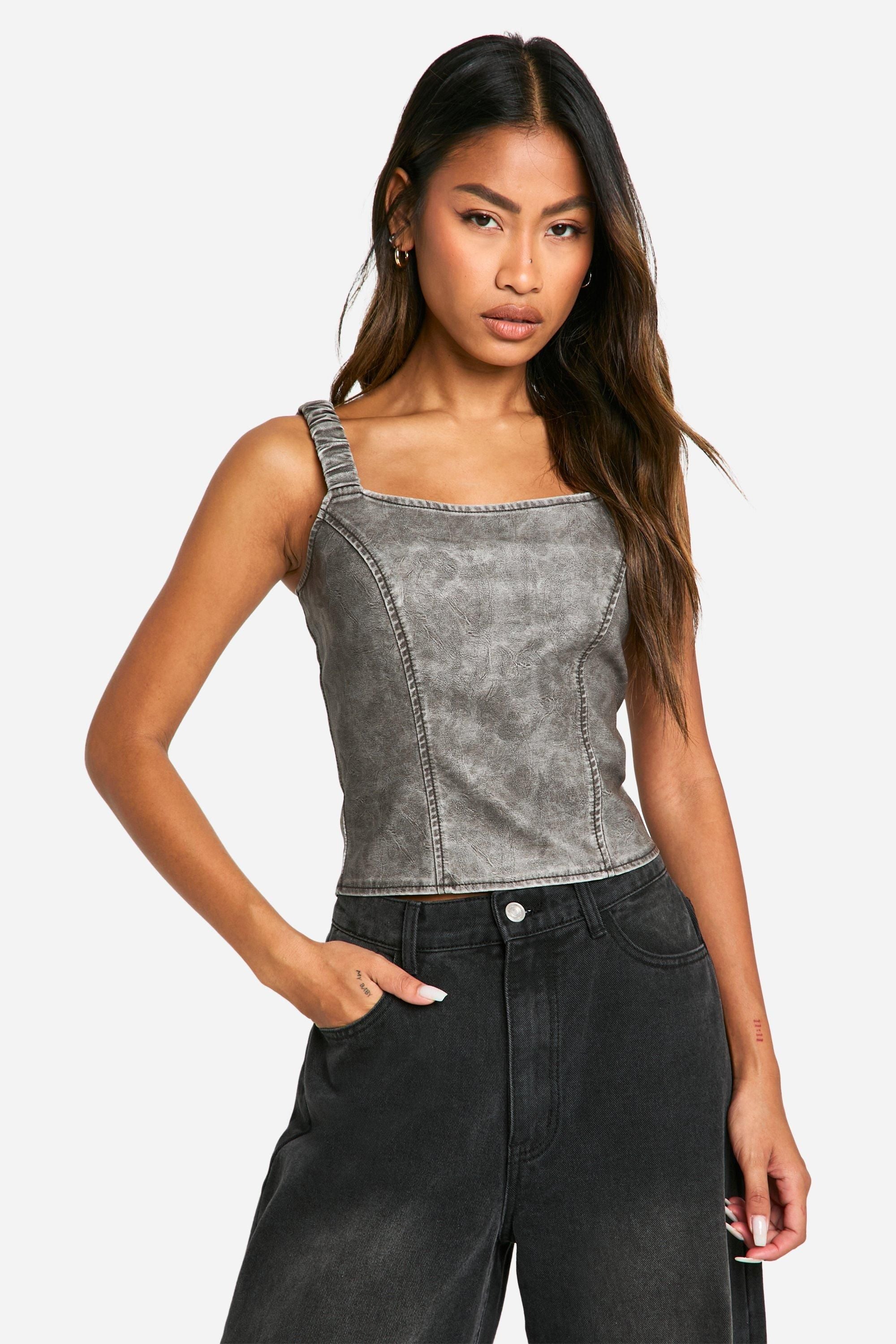 Washed Faux Leather Ruched Strap Corset