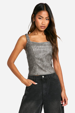 Washed Faux Leather Ruched Strap Corset