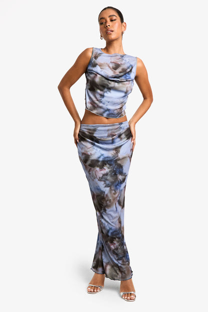Printed Textured Mesh Drape Maxi Skirt